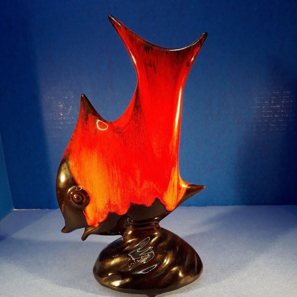 Angelfish Fish Figurine Evangeline Art Pottery Signed Red Black Drip Glaze